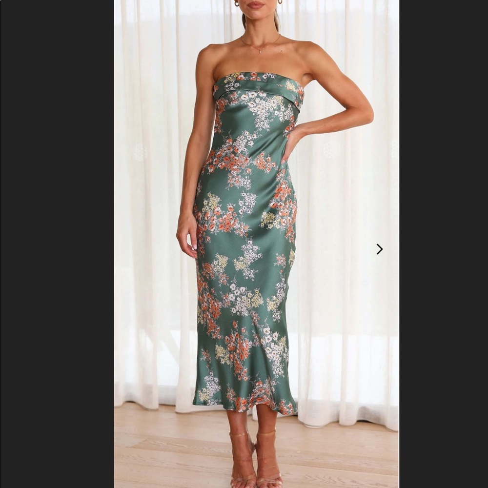 Satin Green Floral Strapless Maxi Dress